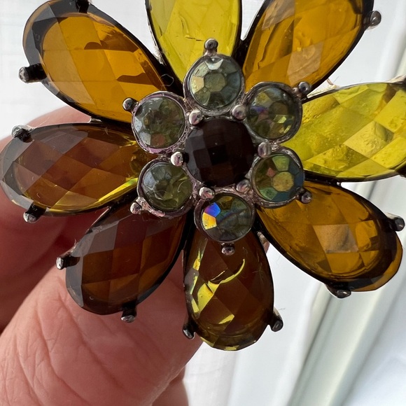 LARGE Vintage Faceted Prong-Set Smoky Topaz And Green Rhinestone Floral Brooch - Picture 5 of 9
